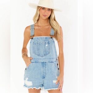 Show Me Your Mumu Georgia Distressed Denim Overalls in Light Tide M